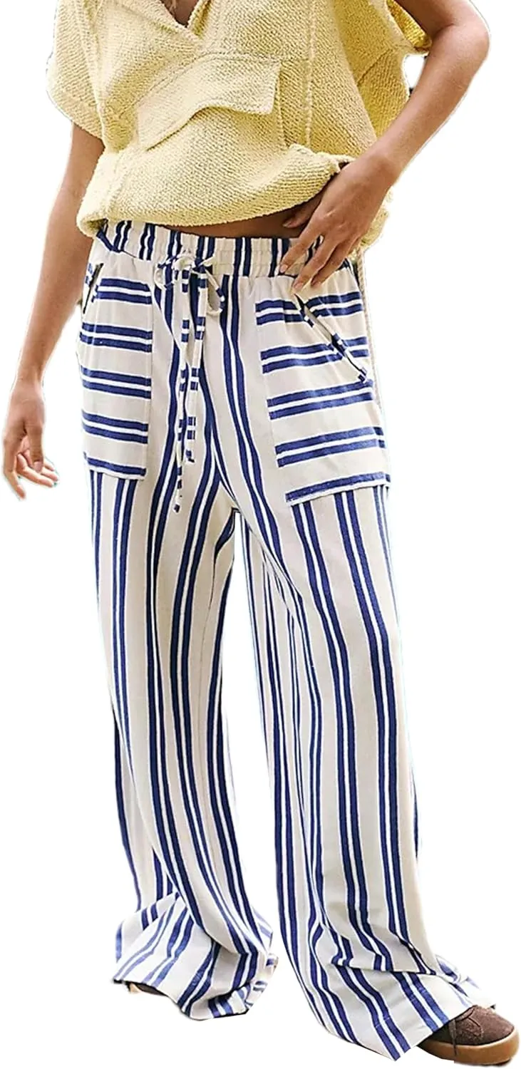 Women Drawstring Waist Stripe Wide Leg Pants Palazzo Pants for Women Casual Trousers Lounge Pants with Pockets