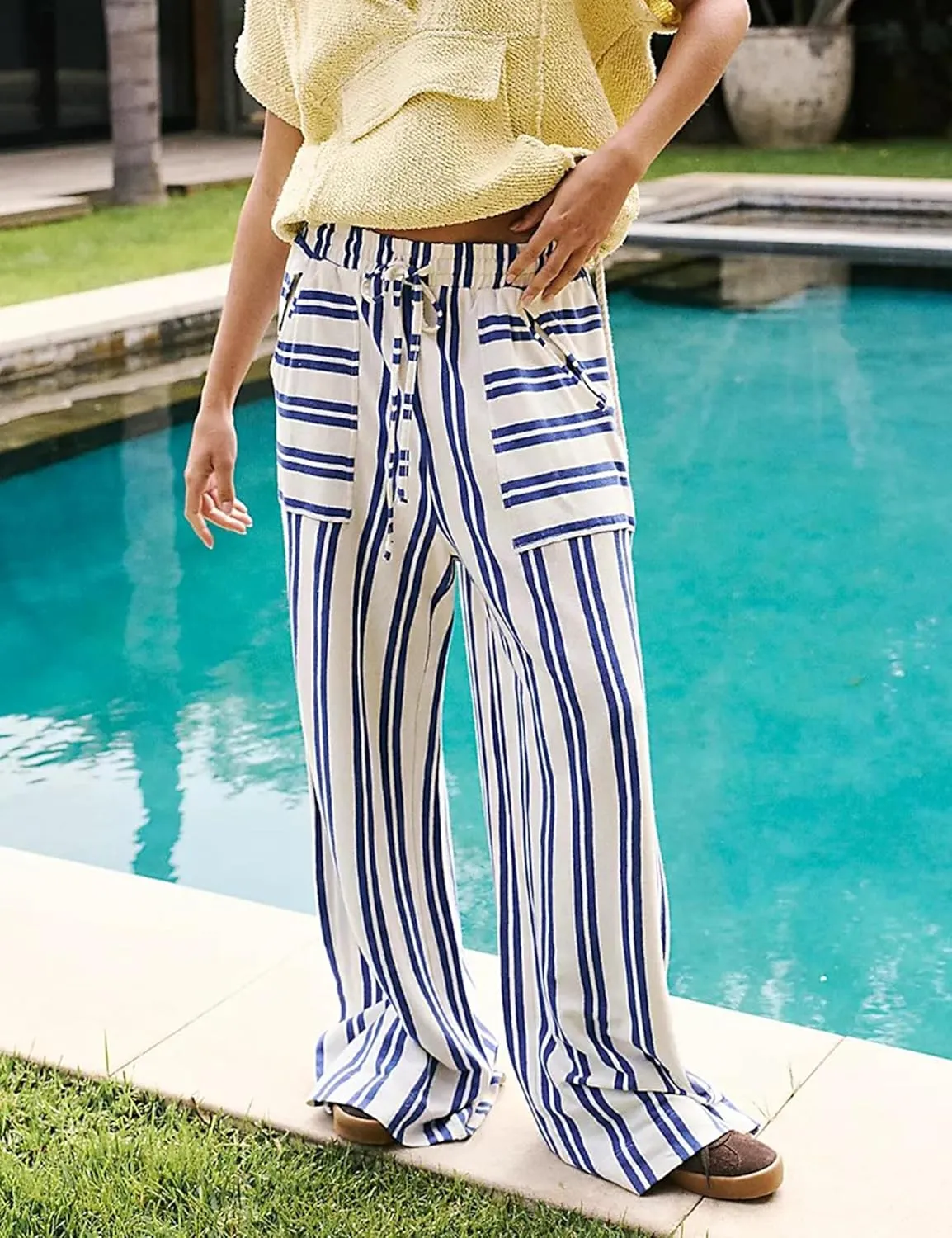 Women Drawstring Waist Stripe Wide Leg Pants Palazzo Pants for Women Casual Trousers Lounge Pants with Pockets