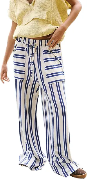Women Drawstring Waist Stripe Wide Leg Pants Palazzo Pants for Women Casual Trousers Lounge Pants with Pockets