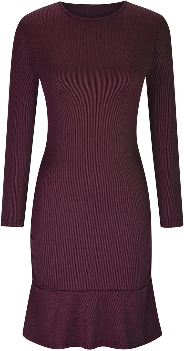 Women Fall Dresses Long Sleeve Ruched Ruffle Mini Dress Casual Knitted Sweater Dress 2024 Trendy Clothing