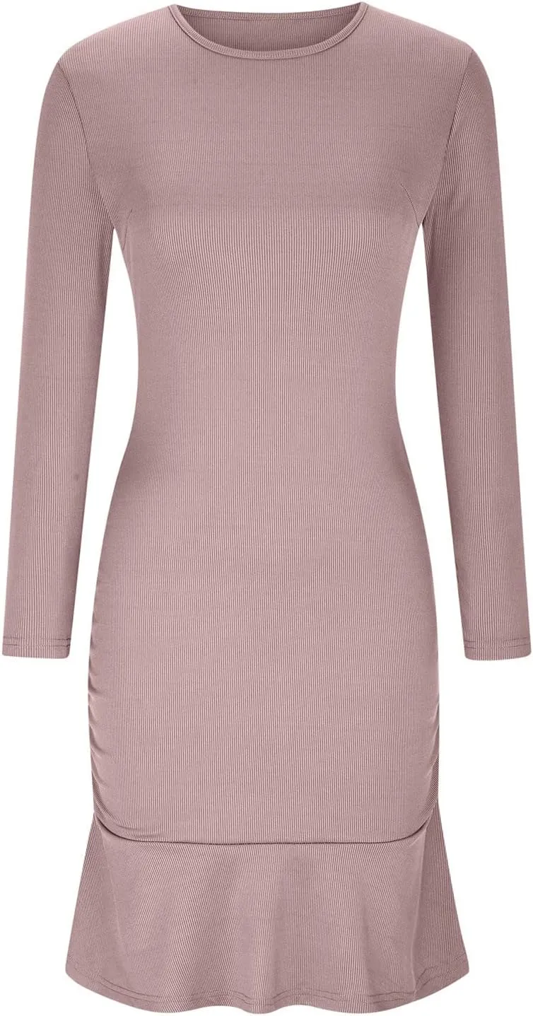 Women Fall Dresses Long Sleeve Ruched Ruffle Mini Dress Casual Knitted Sweater Dress 2024 Trendy Clothing
