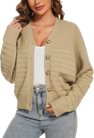 Women Fall Long Sleeve V Neck Cardigan Button Down Lightweight Cropped Cardigan Sweater Jackets