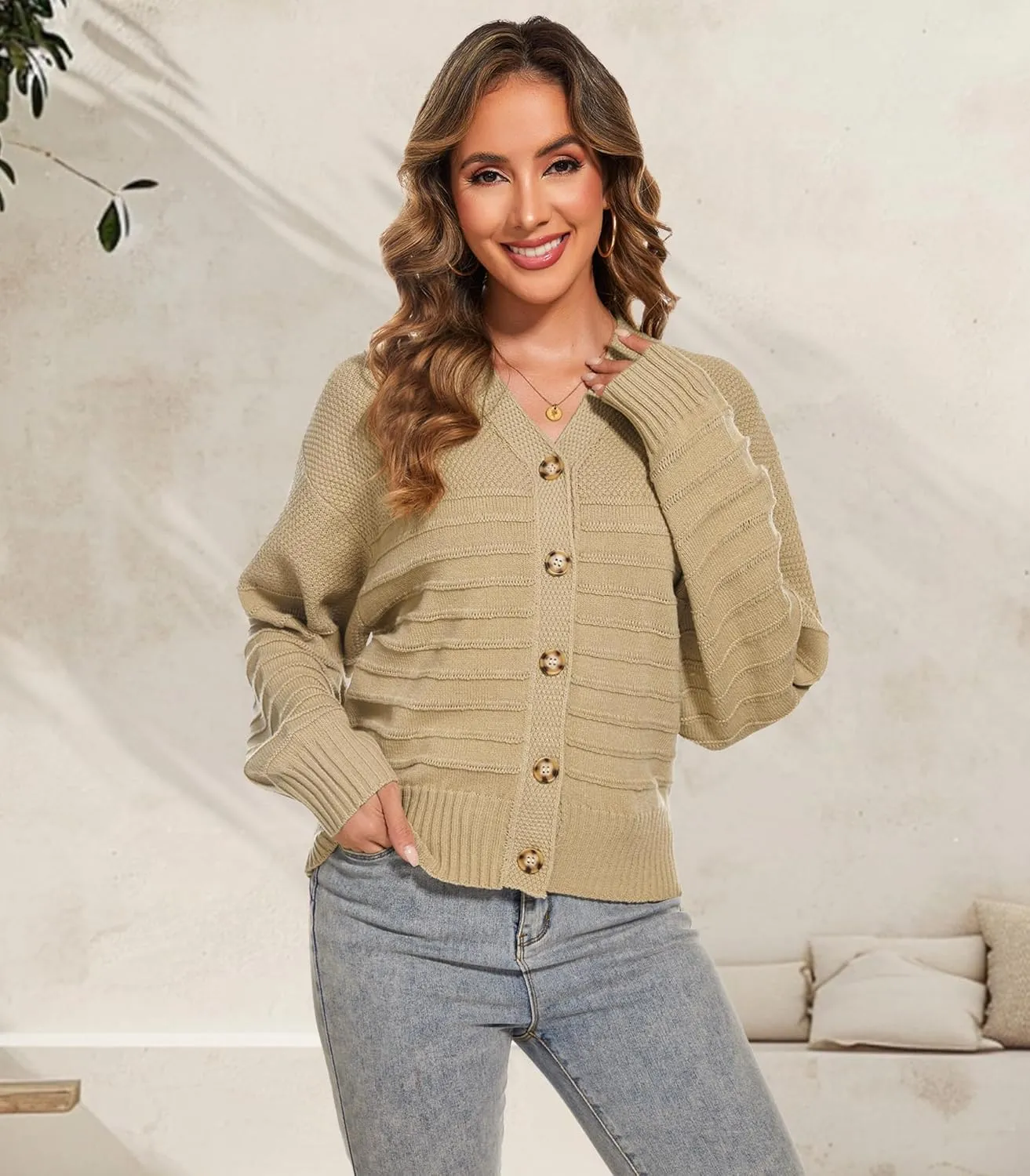 Women Fall Long Sleeve V Neck Cardigan Button Down Lightweight Cropped Cardigan Sweater Jackets