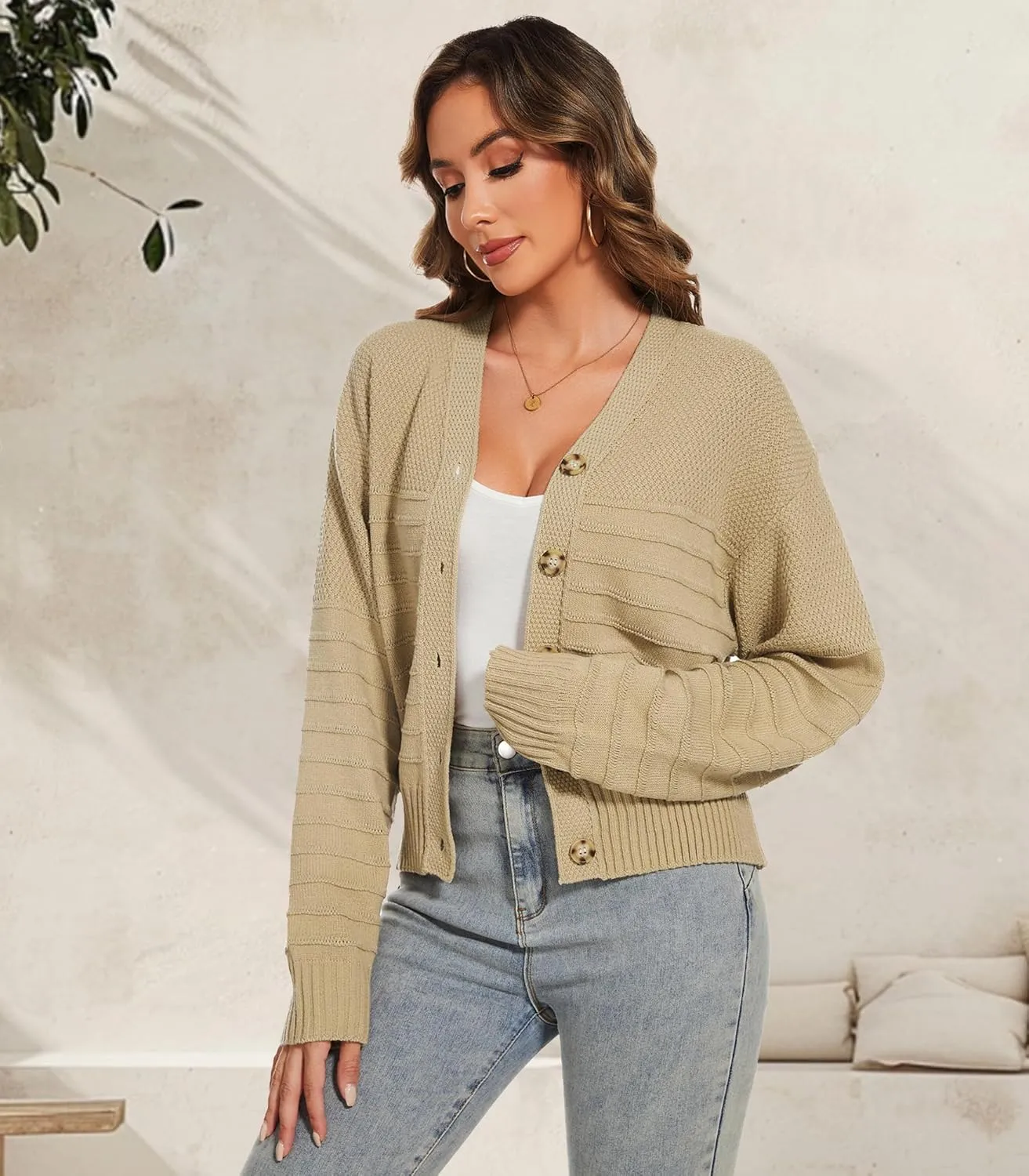 Women Fall Long Sleeve V Neck Cardigan Button Down Lightweight Cropped Cardigan Sweater Jackets