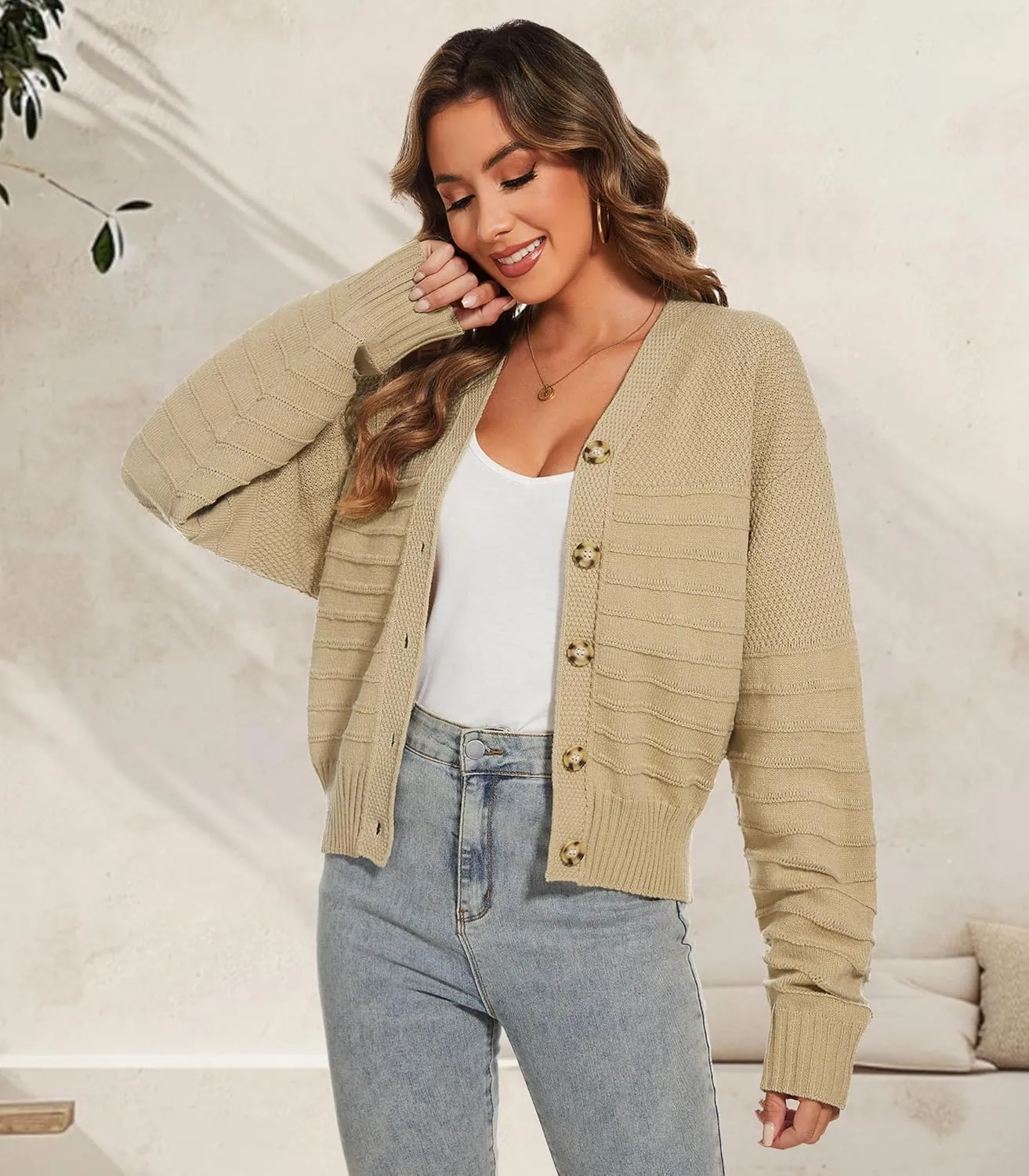 Women Fall Long Sleeve V Neck Cardigan Button Down Lightweight Cropped Cardigan Sweater Jackets