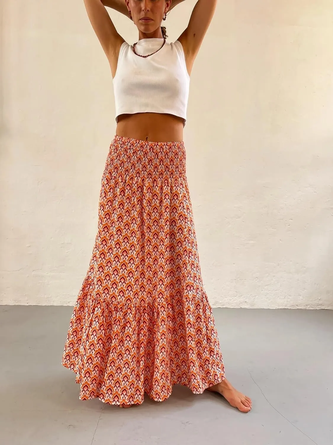 Women Flowy Boho Maxi Skirt Print Pleated Aline Long Summer Sexy Skirt
