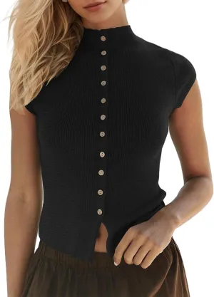 Women Lightweight Mock Neck Button Down Open Front Cardigan Sweater Top Solid Cap Sleeve Slim Fit Knit Tee Shirts