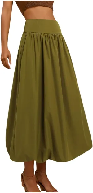 Women Maxi Bubble Skirt Elastic Waist Aline Long Puff Skirt Ruffle Hem Balloon Skirts Swim Skirt