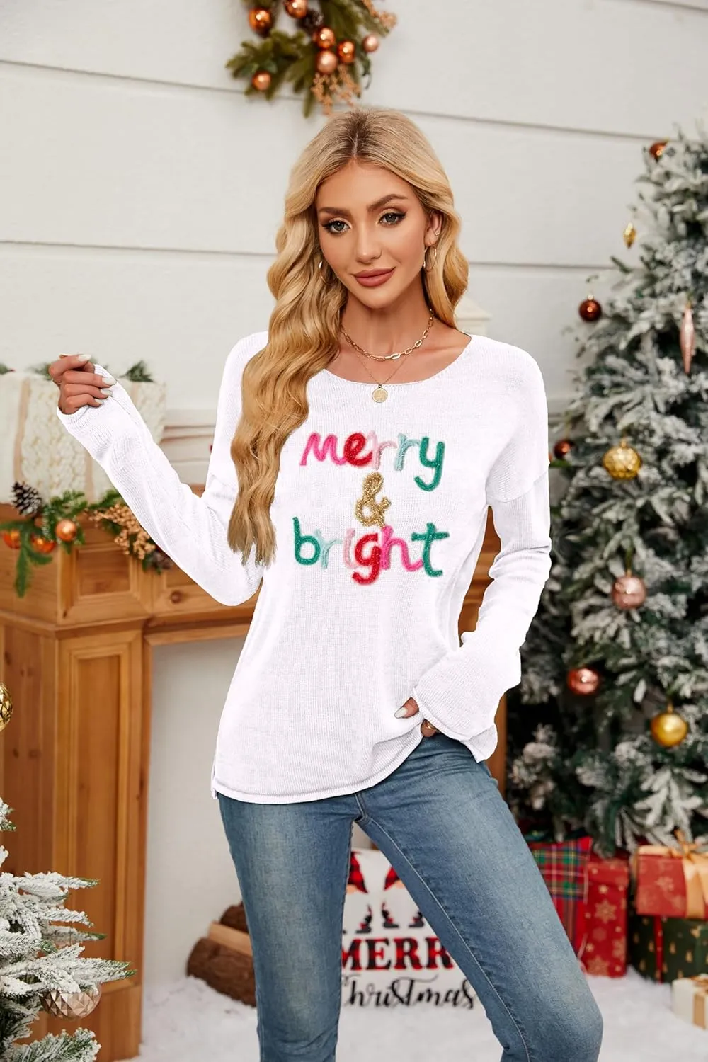 Women Merry Christmas Sweater Long Sleeve Xmas Knitted Top Funny Holiday Graphic Pullover Tops 2024 Trendy