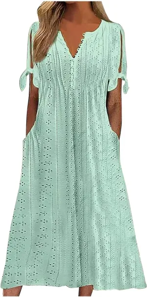 Women Plus Size Eyelet Dress Summer Vintage Short Sleeve V Neck Button Dresses Casual Loose Flowy Dress with Pockets