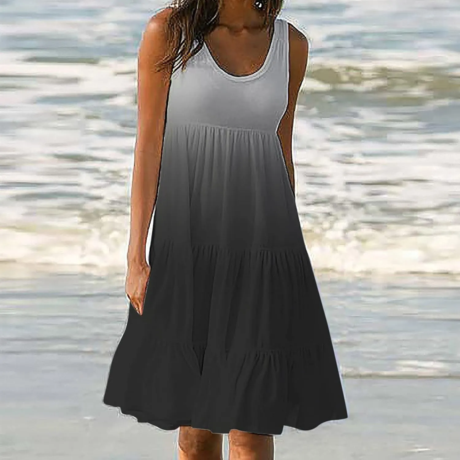 Women Plus Size Sundresses Fashion Holiday Vacation Mini Dress Summer Solid Sleeveless Party Beach Dress