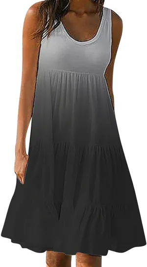 Women Plus Size Sundresses Fashion Holiday Vacation Mini Dress Summer Solid Sleeveless Party Beach Dress