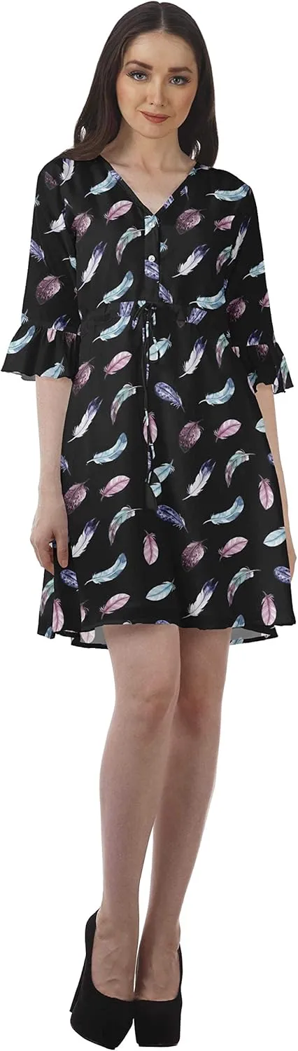 Women Printed Drawstring Mini Dress V Neck Ruffle Sleeves Summer Dress