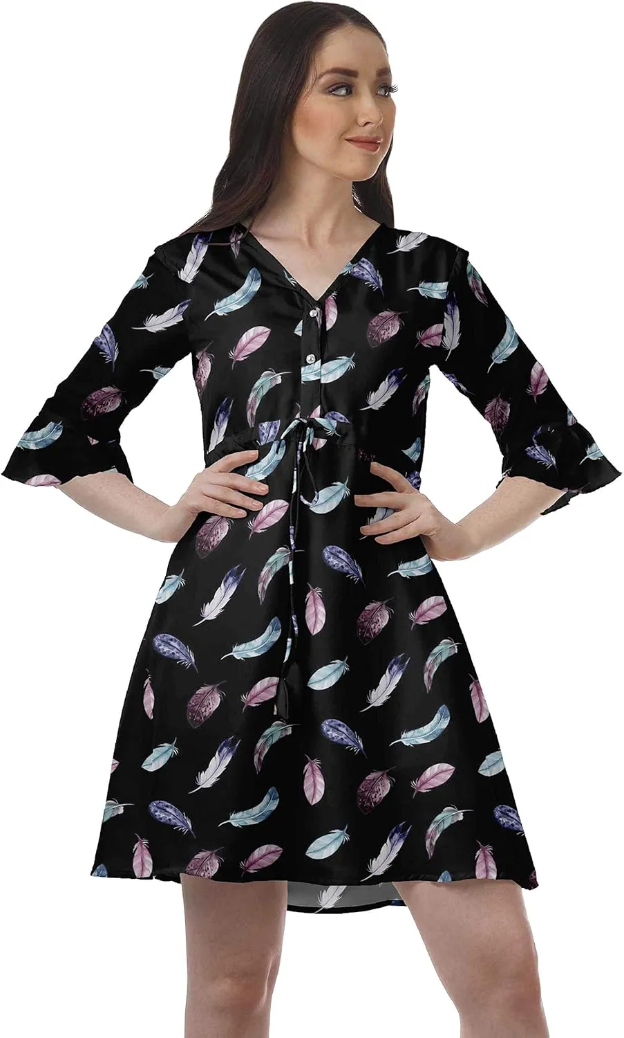 Women Printed Drawstring Mini Dress V Neck Ruffle Sleeves Summer Dress