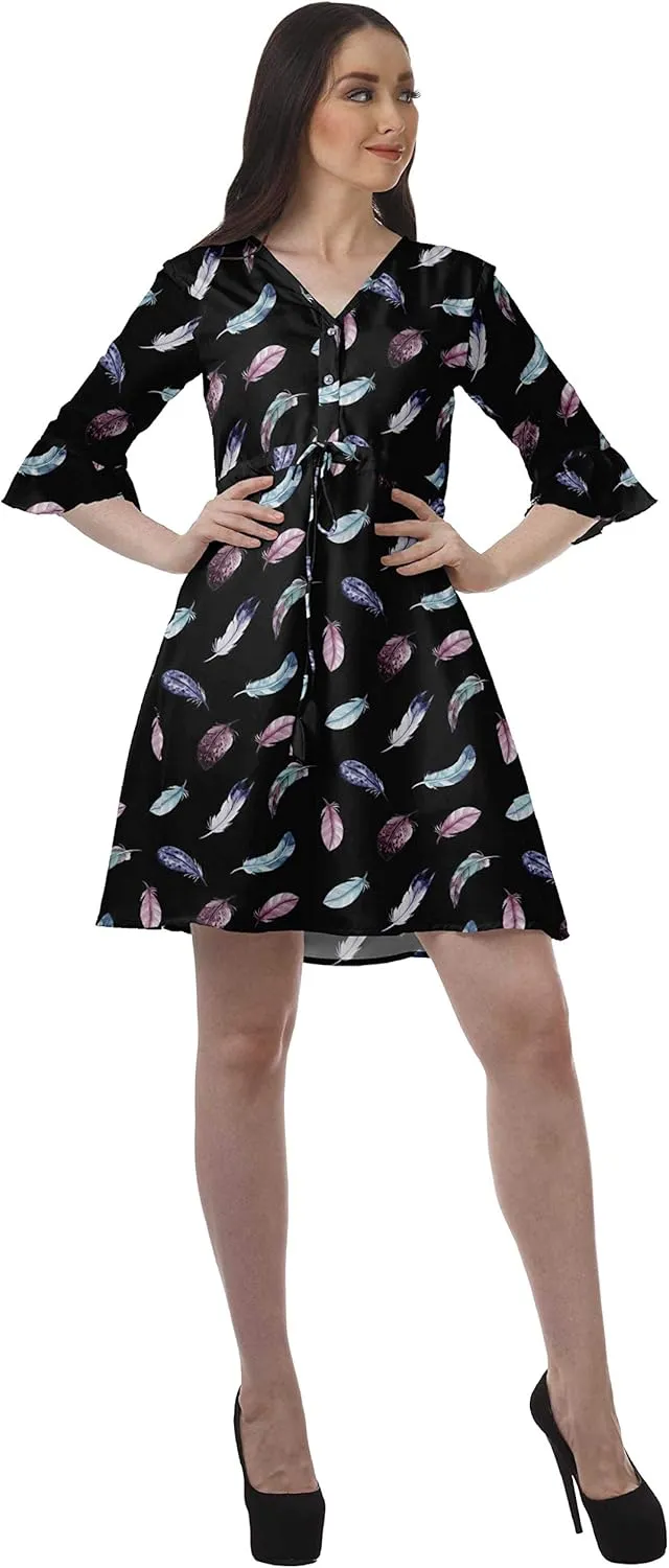 Women Printed Drawstring Mini Dress V Neck Ruffle Sleeves Summer Dress