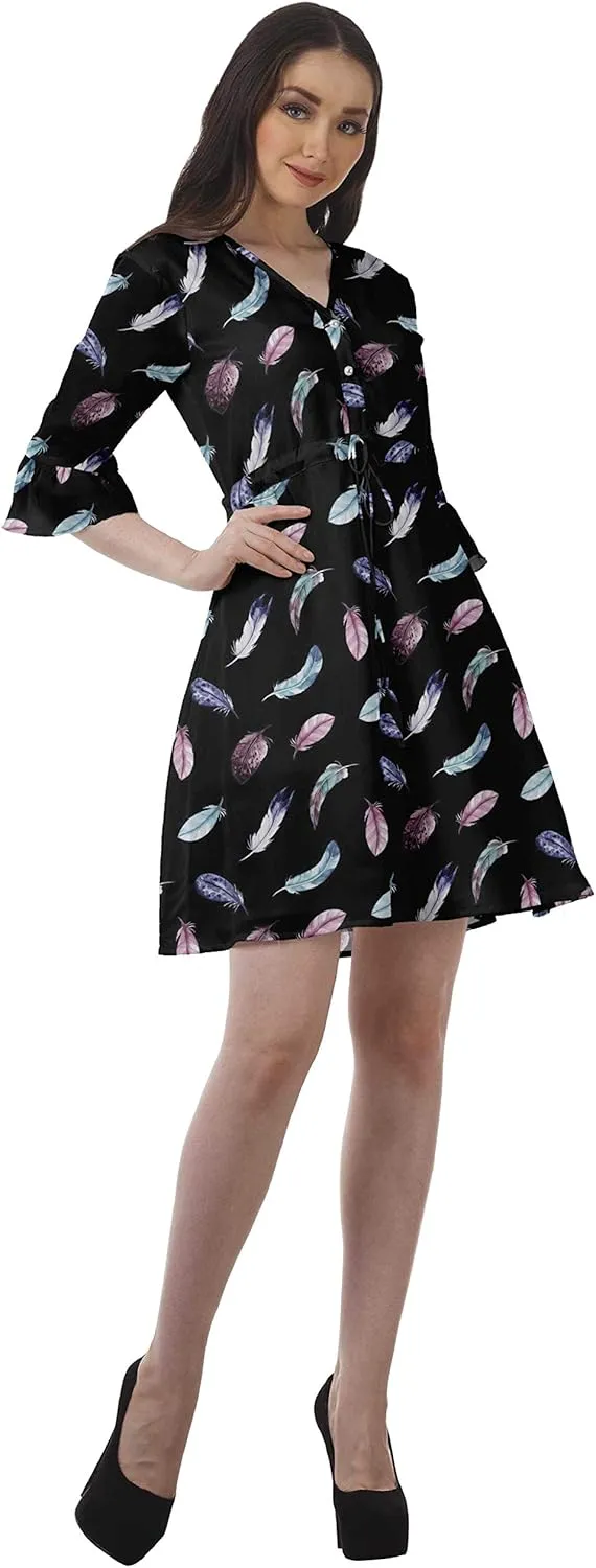 Women Printed Drawstring Mini Dress V Neck Ruffle Sleeves Summer Dress