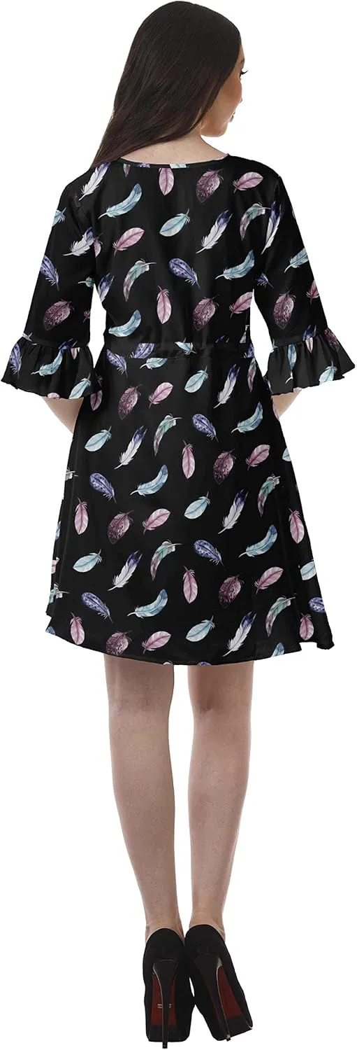 Women Printed Drawstring Mini Dress V Neck Ruffle Sleeves Summer Dress