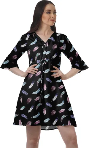 Women Printed Drawstring Mini Dress V Neck Ruffle Sleeves Summer Dress