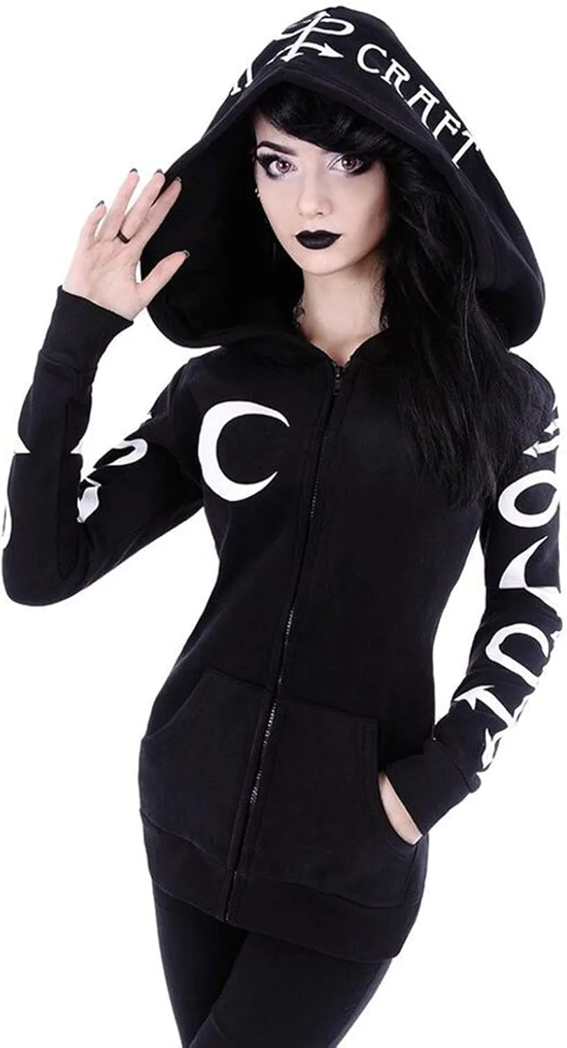 Women Punk Gothic Sweatshirt Witchcraft Moon Long Hoodie Oversized Long Sleeve Zip Up Hoodie