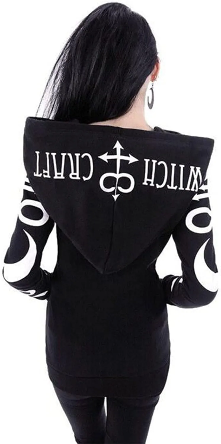 Women Punk Gothic Sweatshirt Witchcraft Moon Long Hoodie Oversized Long Sleeve Zip Up Hoodie