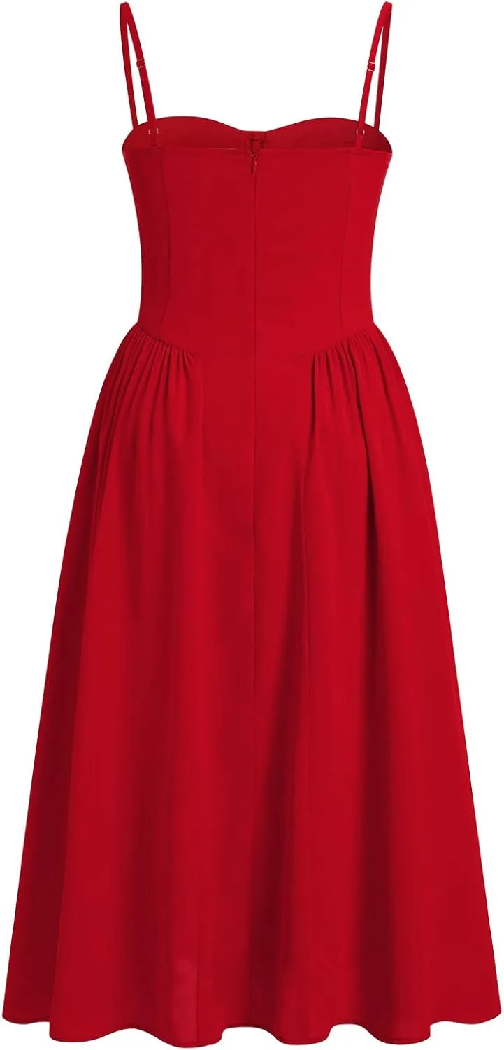 Women Spaghetti Strap Dress Sleeveless Low Cut Bustier Long Dress with Pockets Women's Y2k Summer Boho Maxi Dress