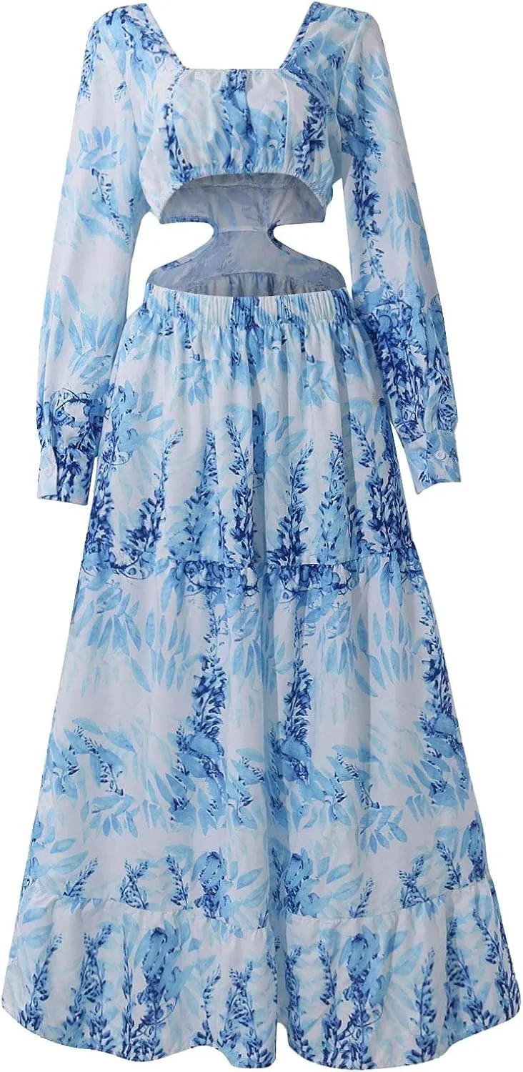 Women Spring A Line Dresses Casual Long Sleeve Elegant V Neck Maxi Dresses Floral Boho Long Wedding Guest Dress