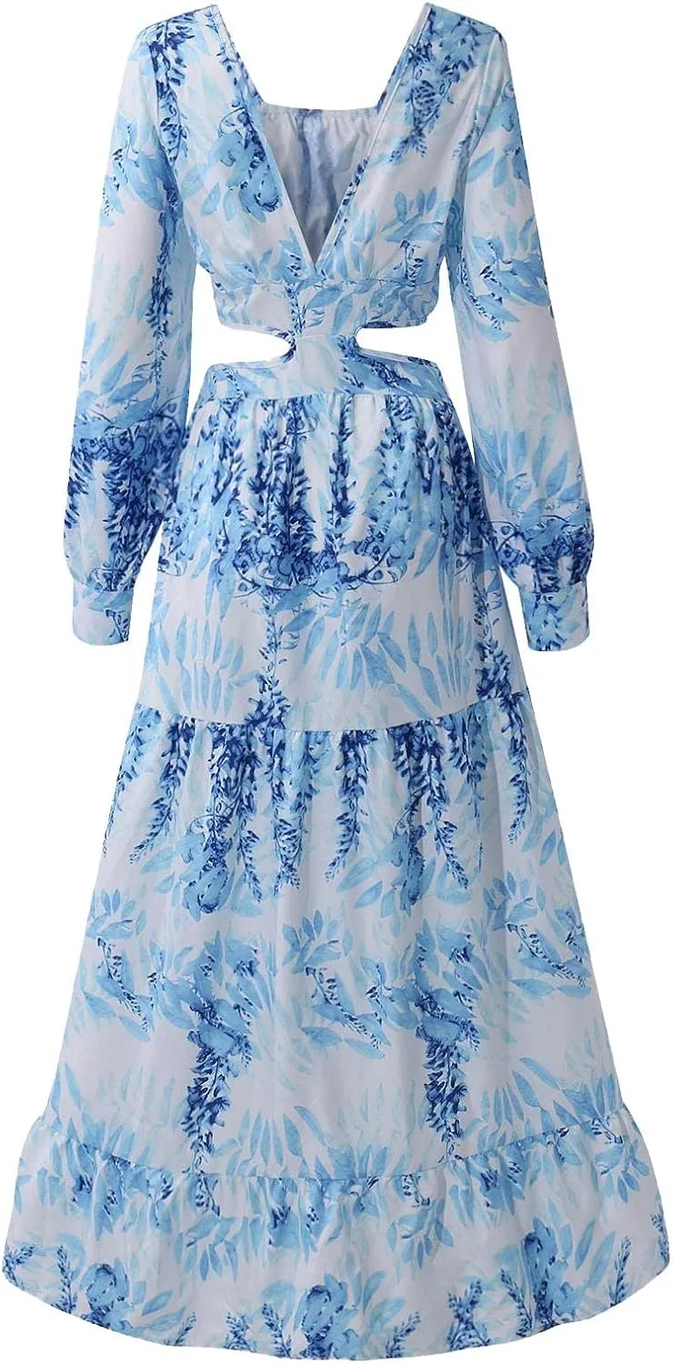 Women Spring A Line Dresses Casual Long Sleeve Elegant V Neck Maxi Dresses Floral Boho Long Wedding Guest Dress