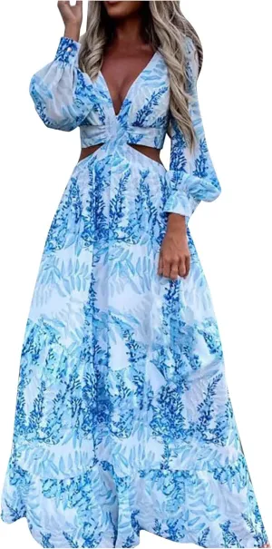 Women Spring A Line Dresses Casual Long Sleeve Elegant V Neck Maxi Dresses Floral Boho Long Wedding Guest Dress