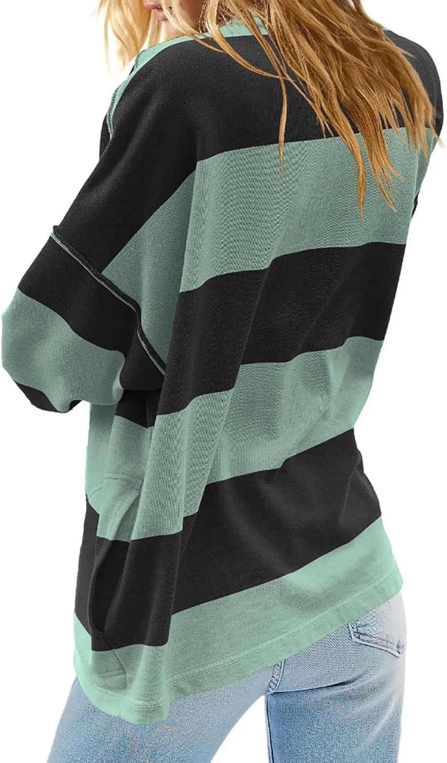 Women Striped Shirt V Neck Quarter Zip Pullover Color Block 3/4 Sleeve Half Zip Oversized Sweatshirt with Pockets
