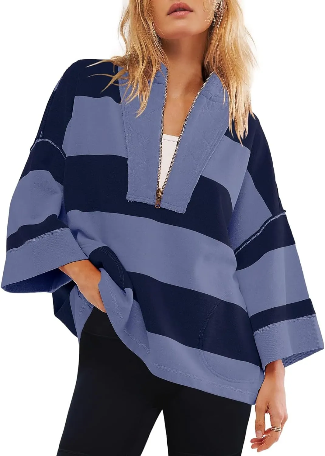 Women Striped Shirt V Neck Quarter Zip Pullover Color Block 3/4 Sleeve Half Zip Oversized Sweatshirt with Pockets