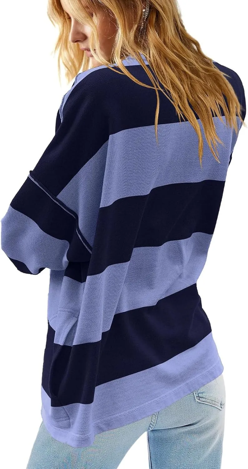 Women Striped Shirt V Neck Quarter Zip Pullover Color Block 3/4 Sleeve Half Zip Oversized Sweatshirt with Pockets