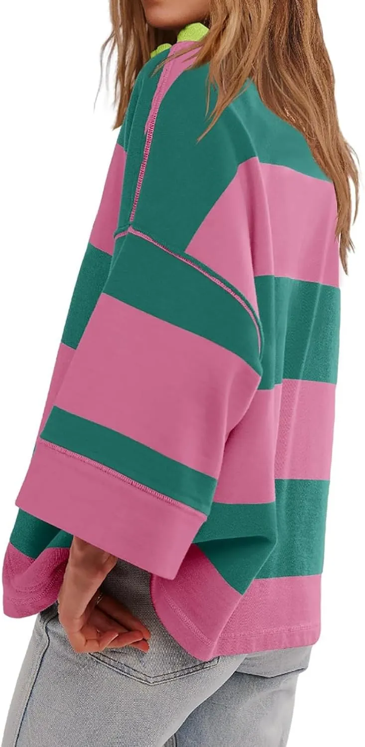 Women Striped Shirt V Neck Quarter Zip Pullover Color Block 3/4 Sleeve Half Zip Oversized Sweatshirt with Pockets
