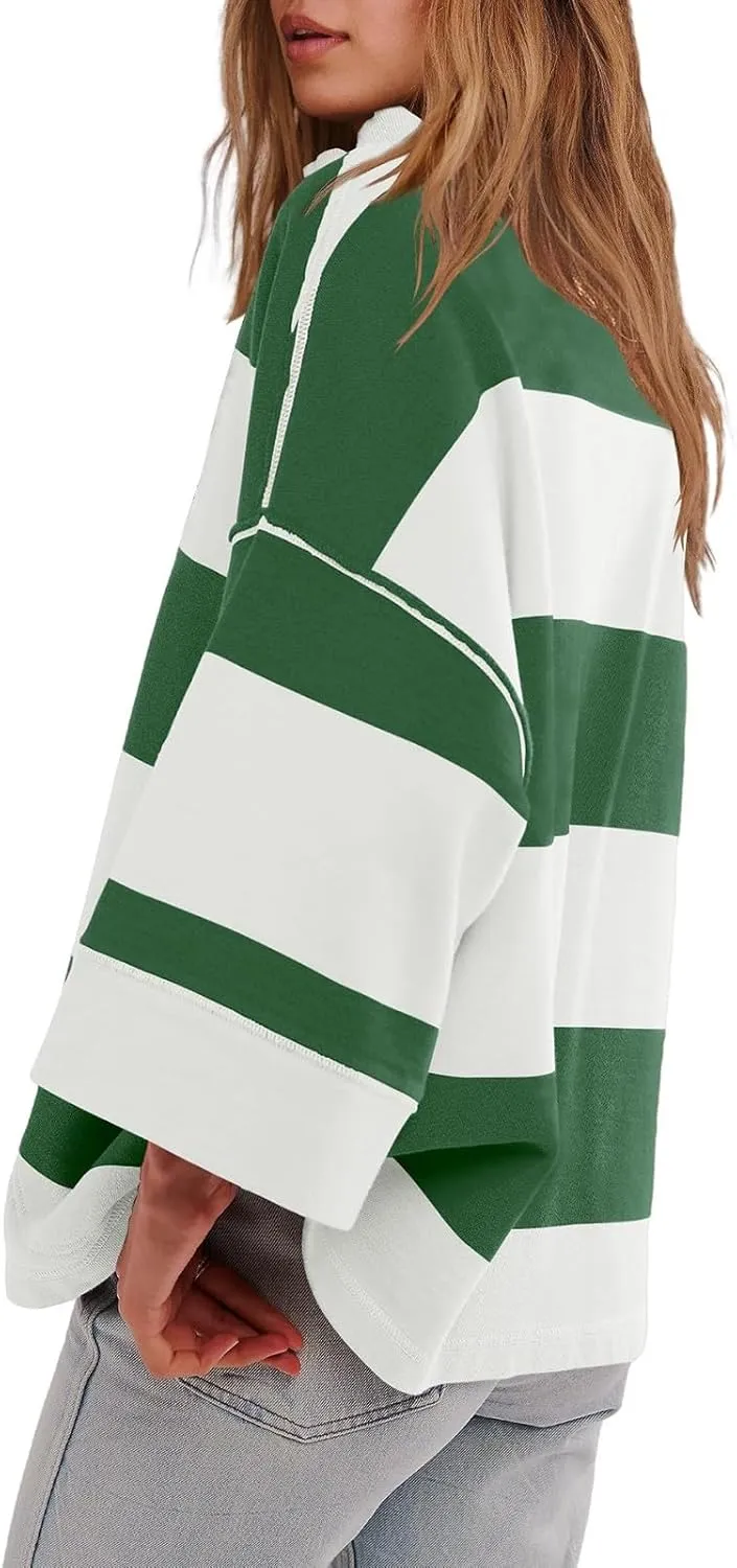 Women Striped Shirt V Neck Quarter Zip Pullover Color Block 3/4 Sleeve Half Zip Oversized Sweatshirt with Pockets