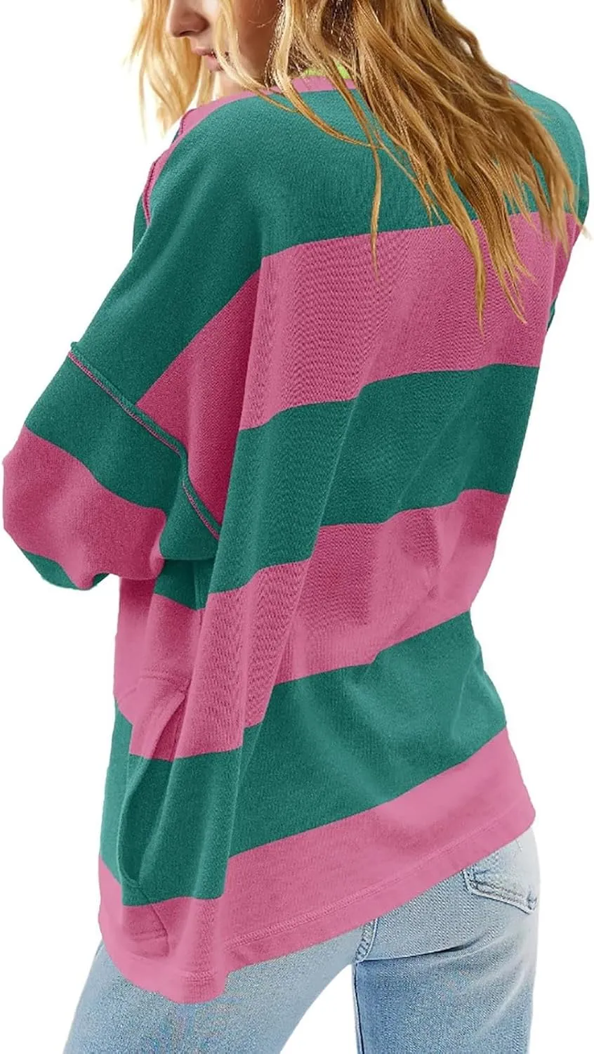 Women Striped Shirt V Neck Quarter Zip Pullover Color Block 3/4 Sleeve Half Zip Oversized Sweatshirt with Pockets
