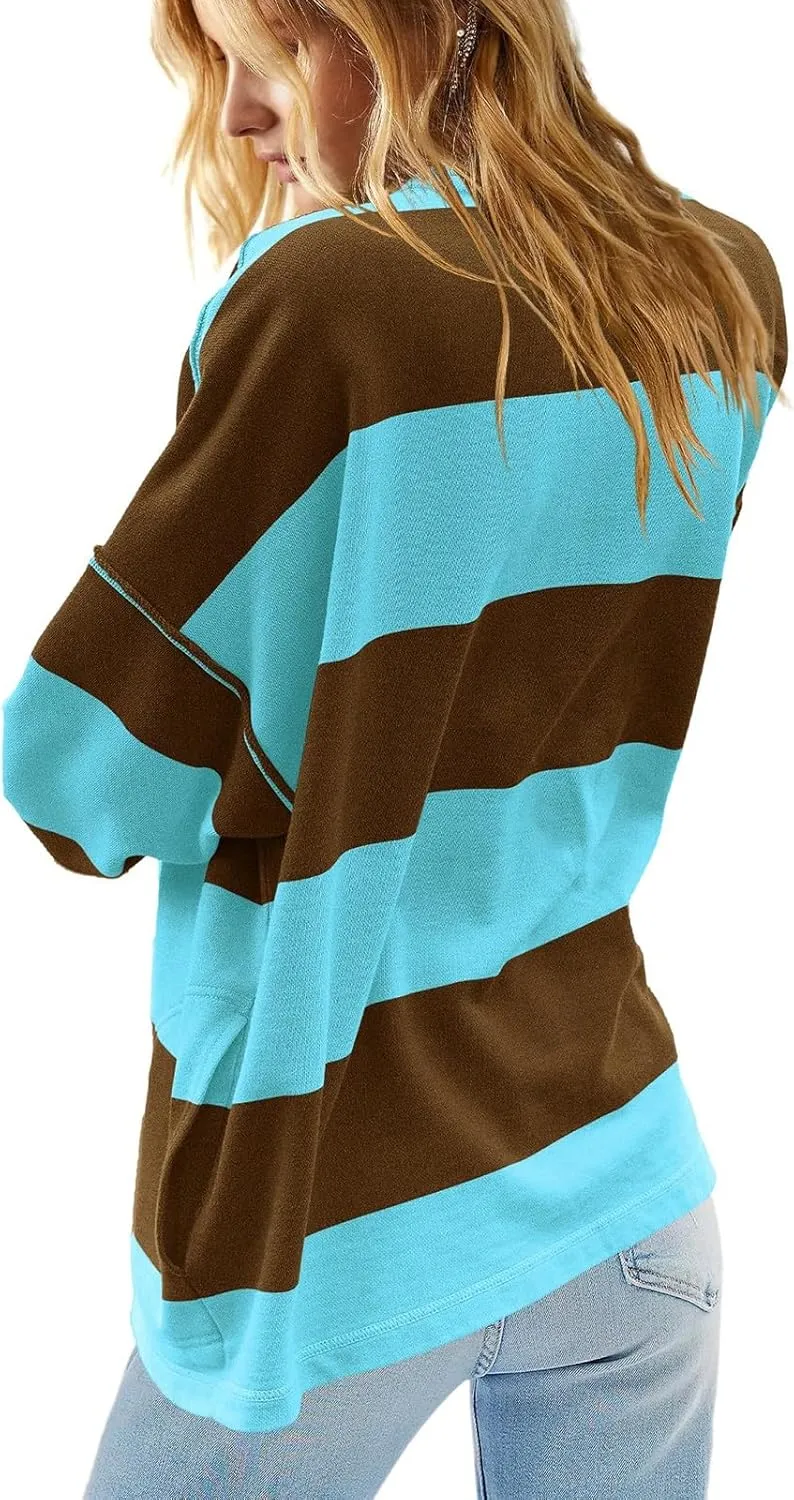 Women Striped Shirt V Neck Quarter Zip Pullover Color Block 3/4 Sleeve Half Zip Oversized Sweatshirt with Pockets