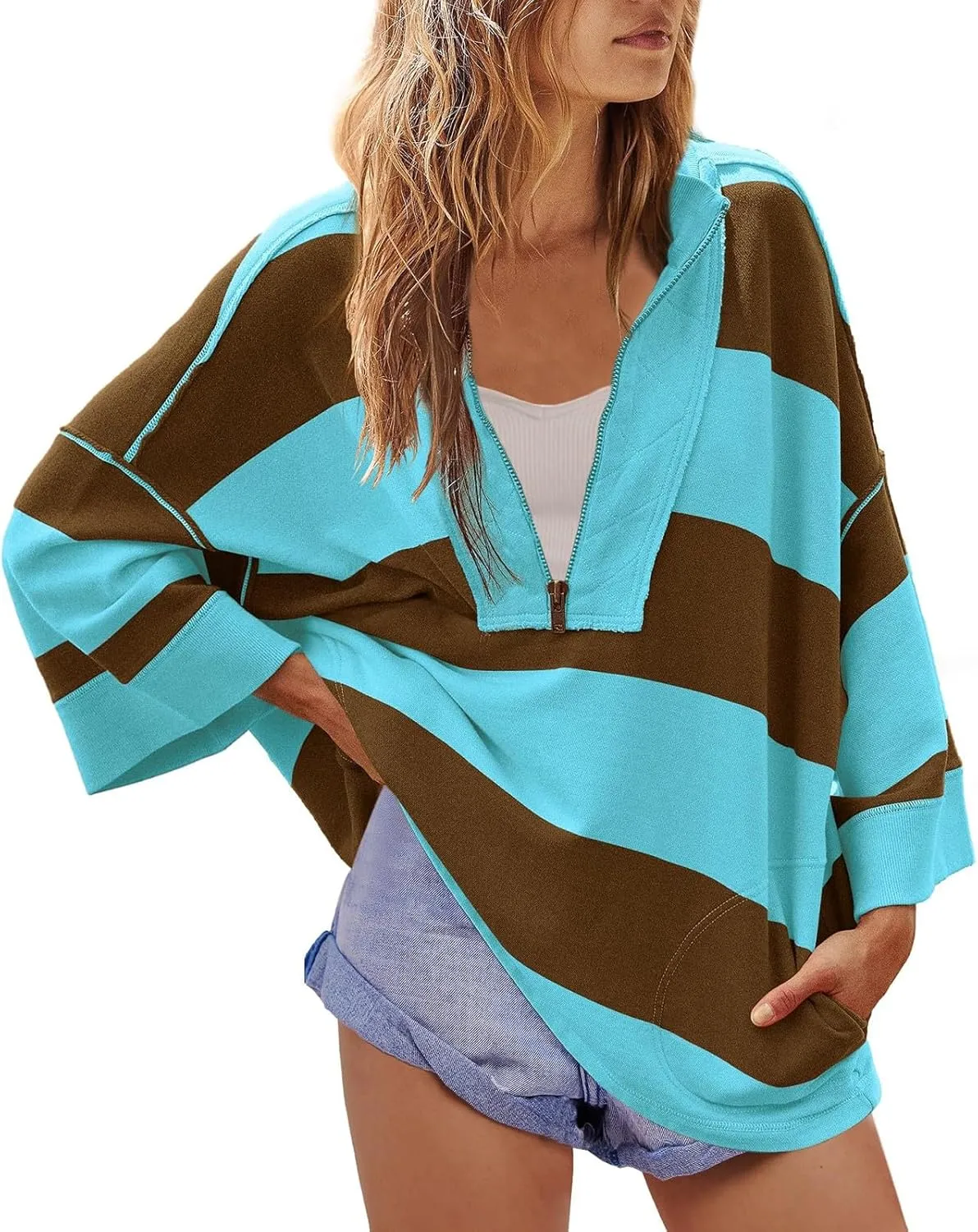 Women Striped Shirt V Neck Quarter Zip Pullover Color Block 3/4 Sleeve Half Zip Oversized Sweatshirt with Pockets
