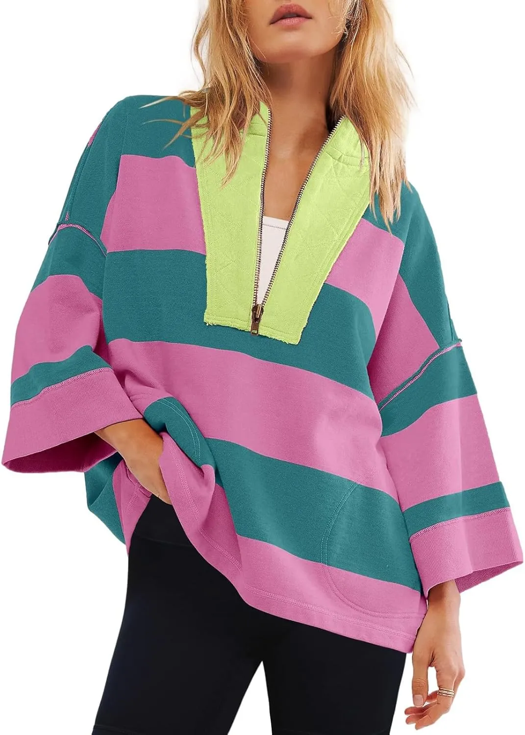 Women Striped Shirt V Neck Quarter Zip Pullover Color Block 3/4 Sleeve Half Zip Oversized Sweatshirt with Pockets