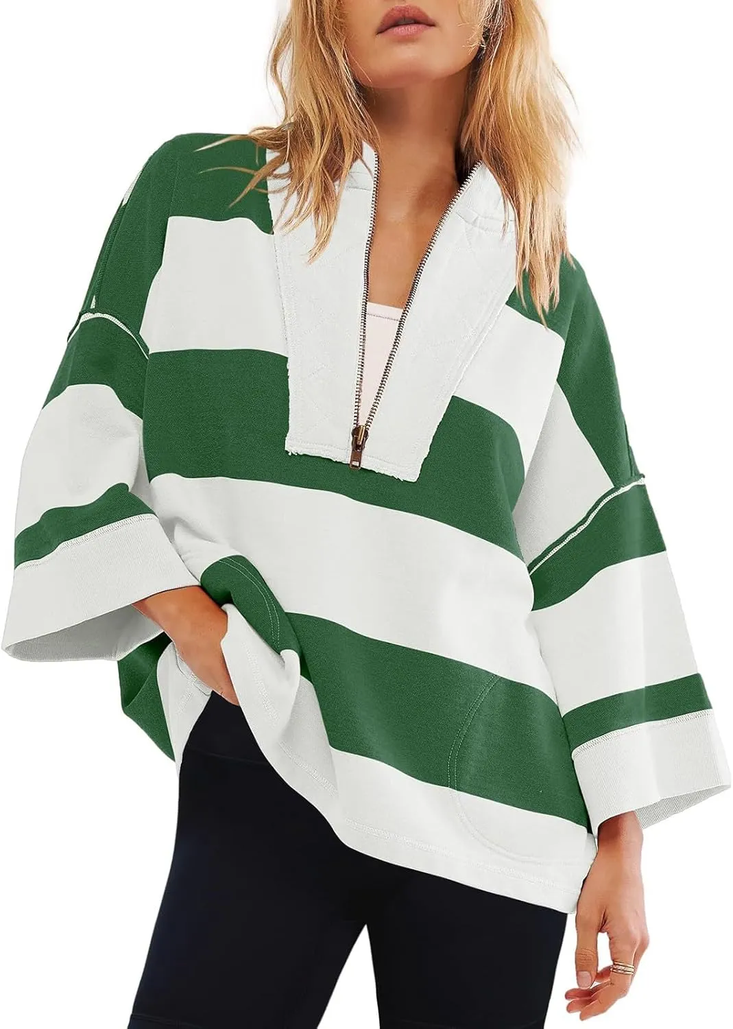 Women Striped Shirt V Neck Quarter Zip Pullover Color Block 3/4 Sleeve Half Zip Oversized Sweatshirt with Pockets