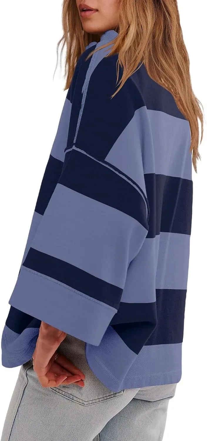 Women Striped Shirt V Neck Quarter Zip Pullover Color Block 3/4 Sleeve Half Zip Oversized Sweatshirt with Pockets
