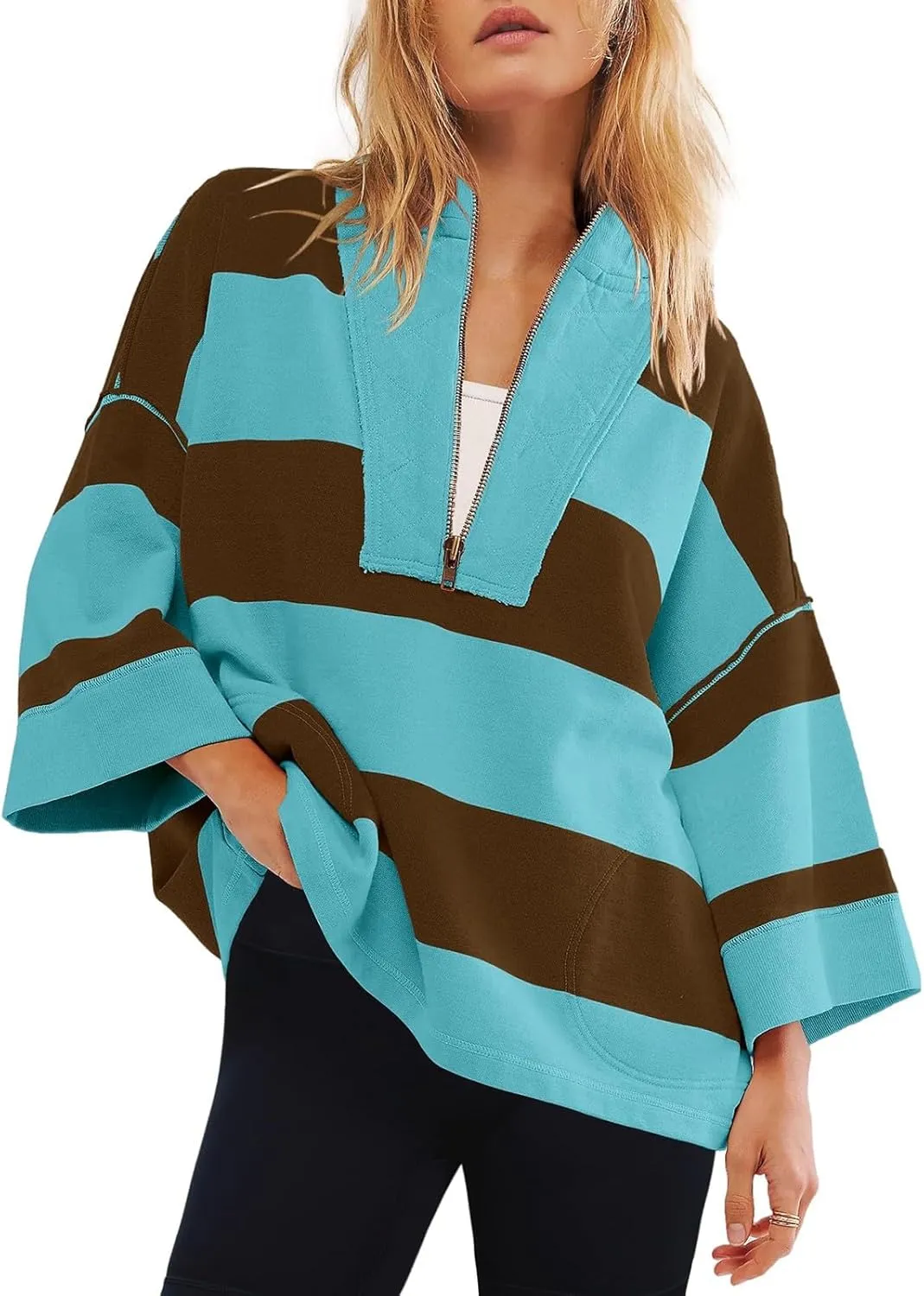 Women Striped Shirt V Neck Quarter Zip Pullover Color Block 3/4 Sleeve Half Zip Oversized Sweatshirt with Pockets