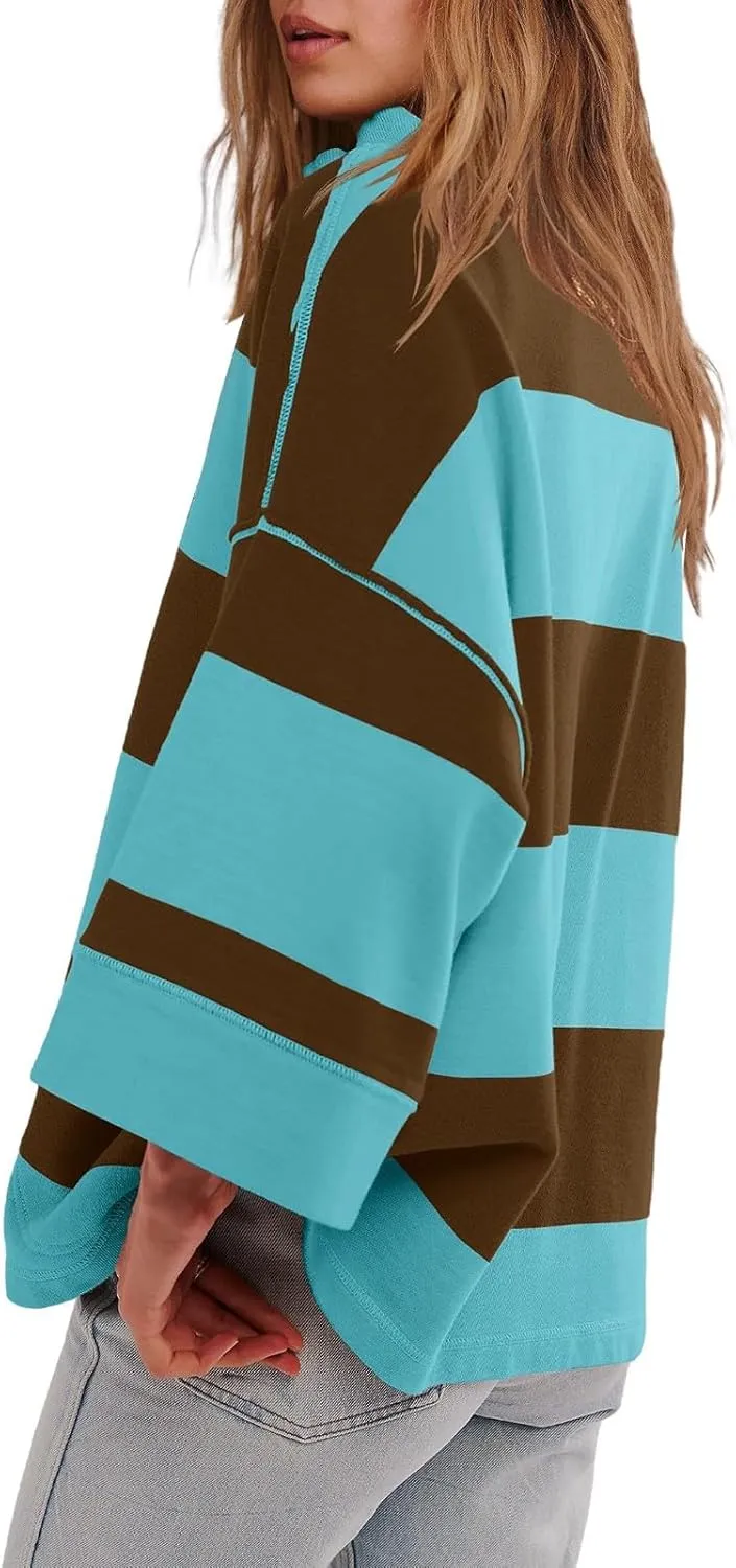Women Striped Shirt V Neck Quarter Zip Pullover Color Block 3/4 Sleeve Half Zip Oversized Sweatshirt with Pockets