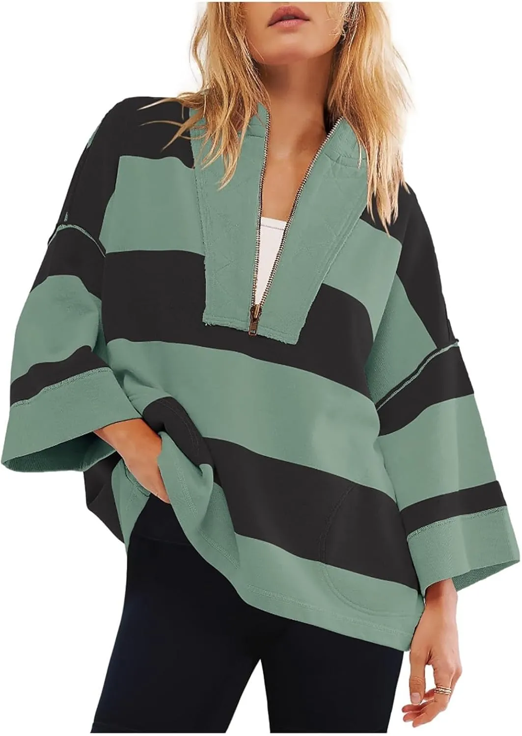 Women Striped Shirt V Neck Quarter Zip Pullover Color Block 3/4 Sleeve Half Zip Oversized Sweatshirt with Pockets