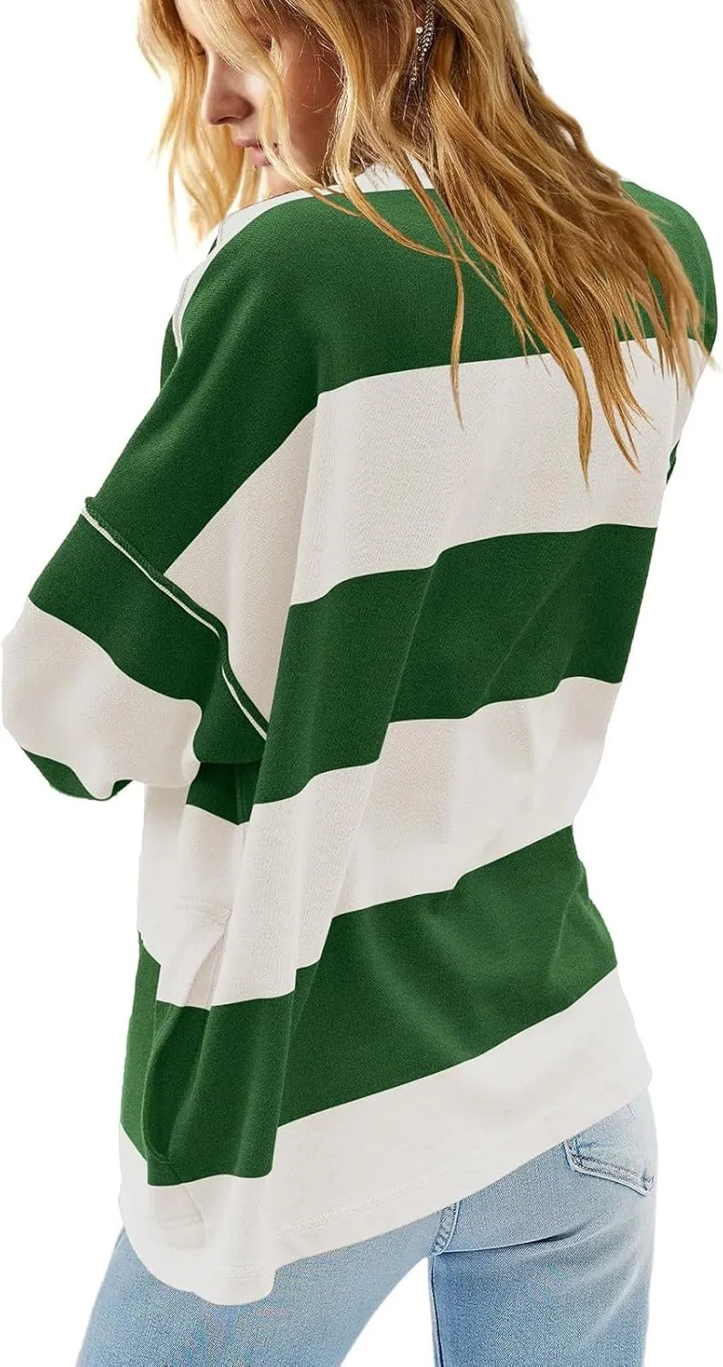 Women Striped Shirt V Neck Quarter Zip Pullover Color Block 3/4 Sleeve Half Zip Oversized Sweatshirt with Pockets