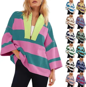 Women Striped Shirt V Neck Quarter Zip Pullover Color Block 3/4 Sleeve Half Zip Oversized Sweatshirt with Pockets