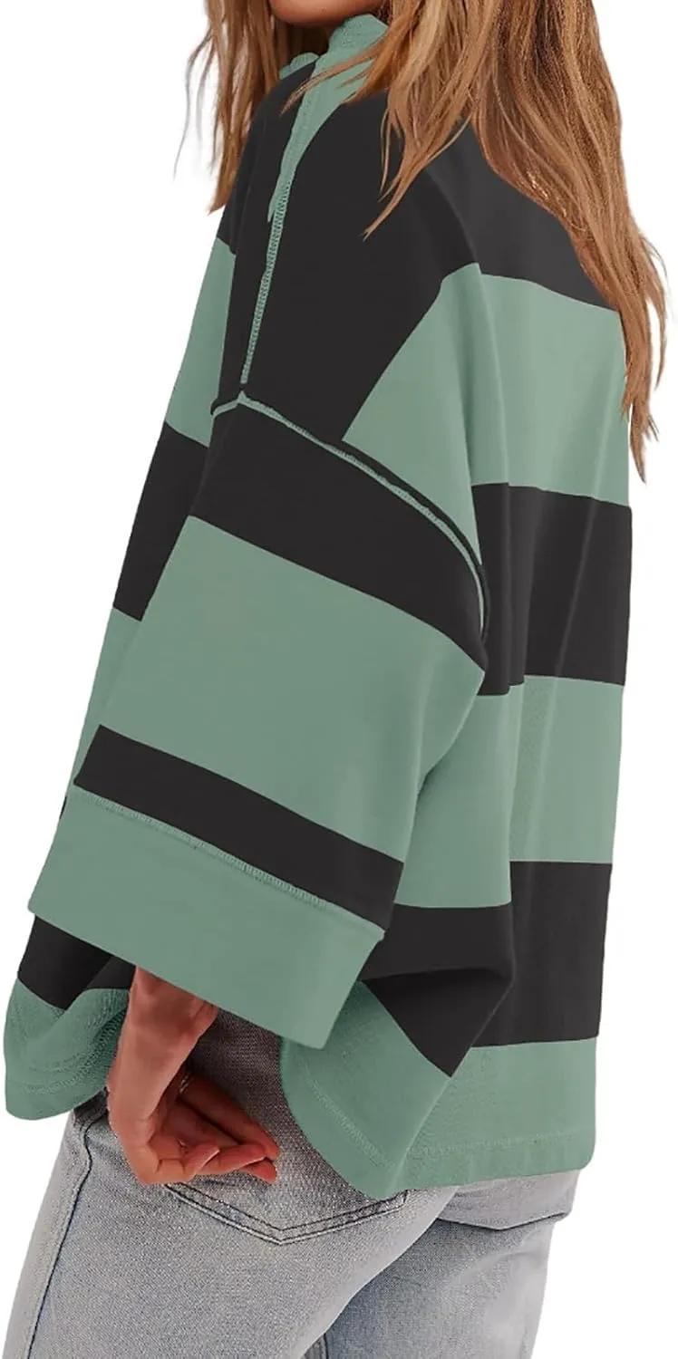 Women Striped Shirt V Neck Quarter Zip Pullover Color Block 3/4 Sleeve Half Zip Oversized Sweatshirt with Pockets
