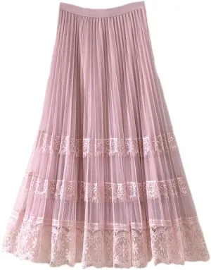 Women Summer Elegant Tulle Lace Patchwork Midi Skirts Fashion Ladies Spring High Waist Casual Pleated Skirt