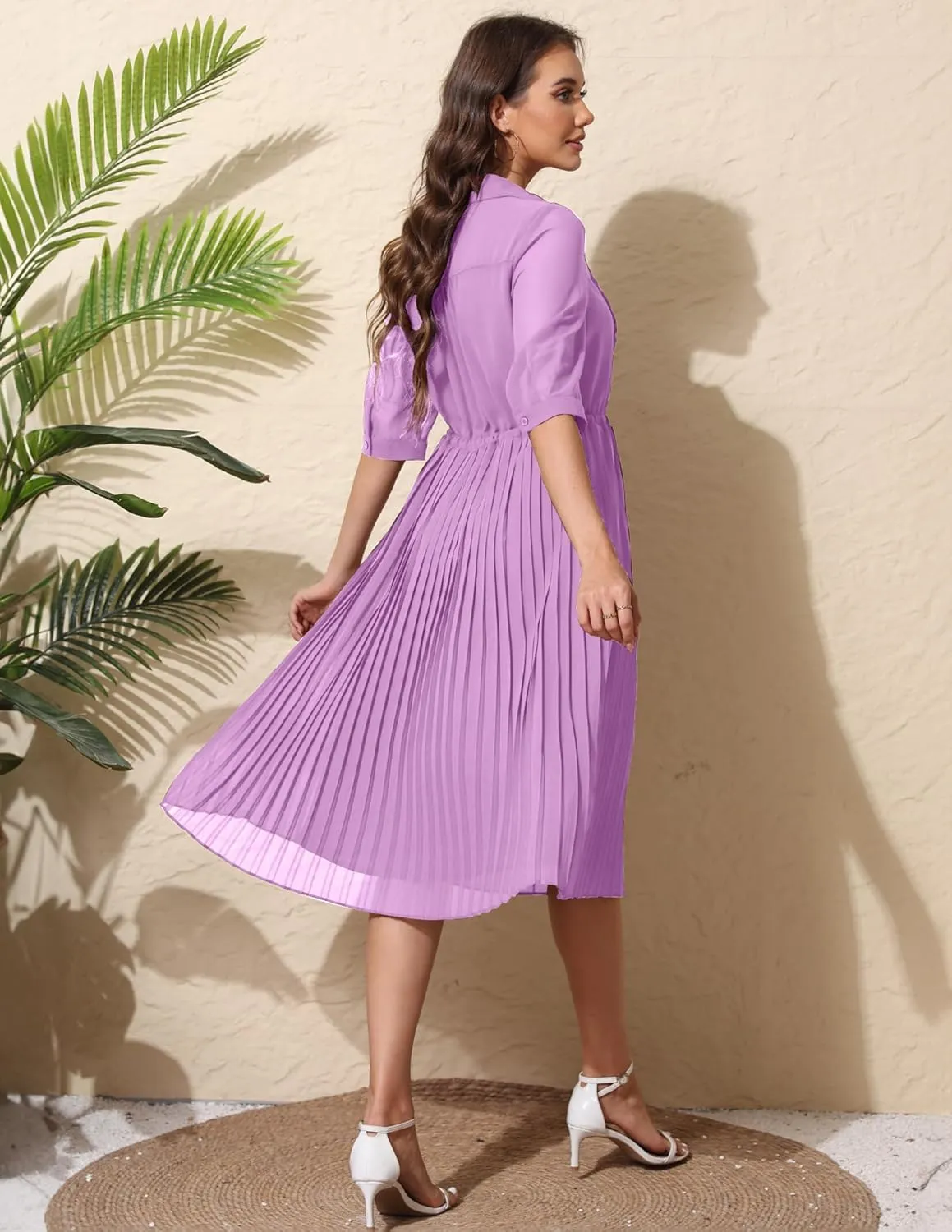 Women V Neck 3/4 Sleeve Pleated A-Line Dress with Belt Swing Midi Dresses for Spring Summer Autumn