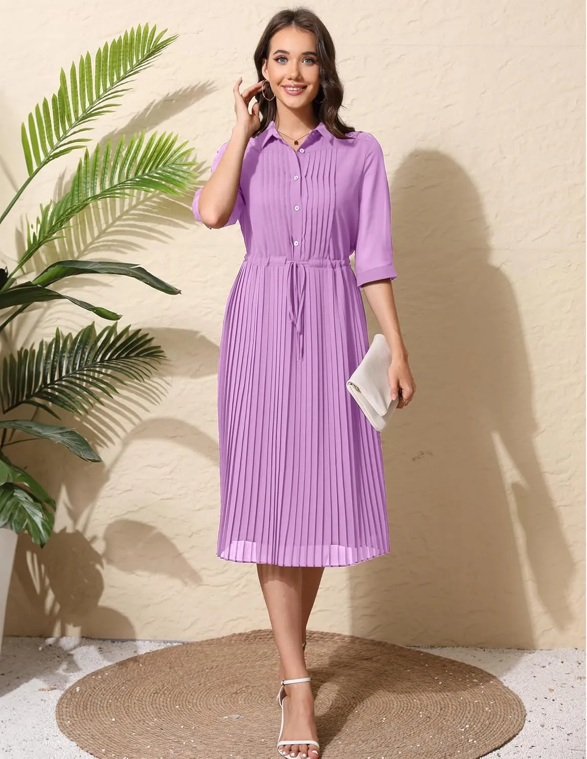 Women V Neck 3/4 Sleeve Pleated A-Line Dress with Belt Swing Midi Dresses for Spring Summer Autumn
