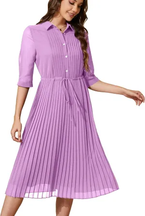 Women V Neck 3/4 Sleeve Pleated A-Line Dress with Belt Swing Midi Dresses for Spring Summer Autumn