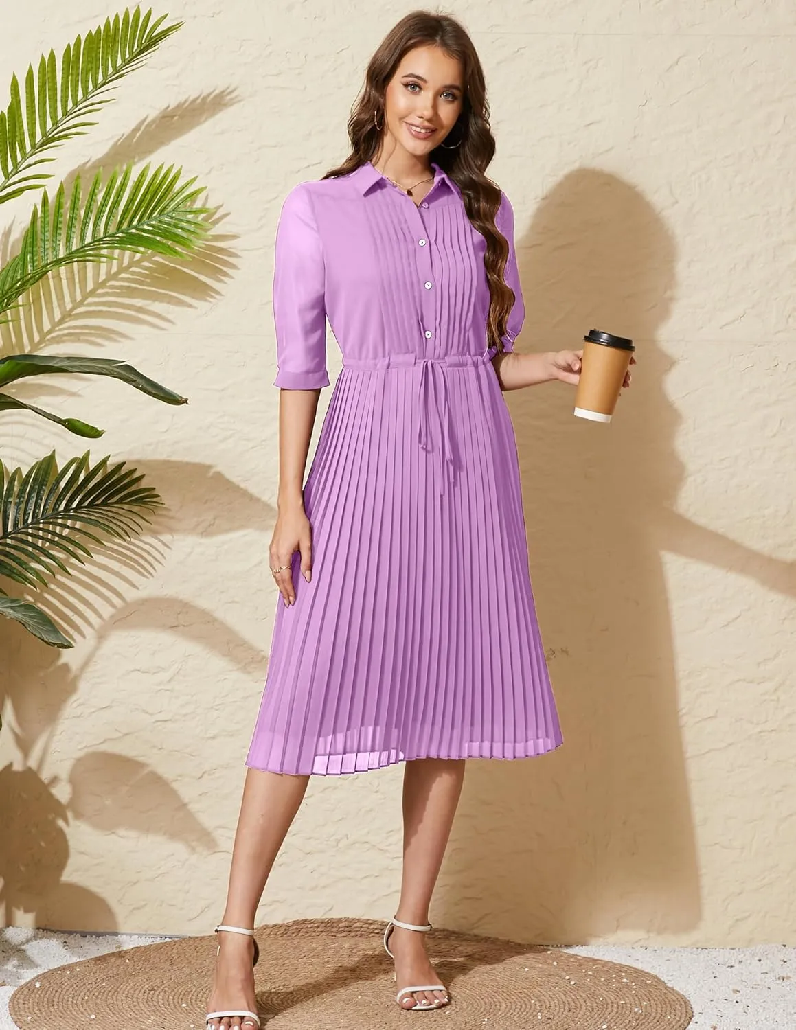 Women V Neck 3/4 Sleeve Pleated A-Line Dress with Belt Swing Midi Dresses for Spring Summer Autumn